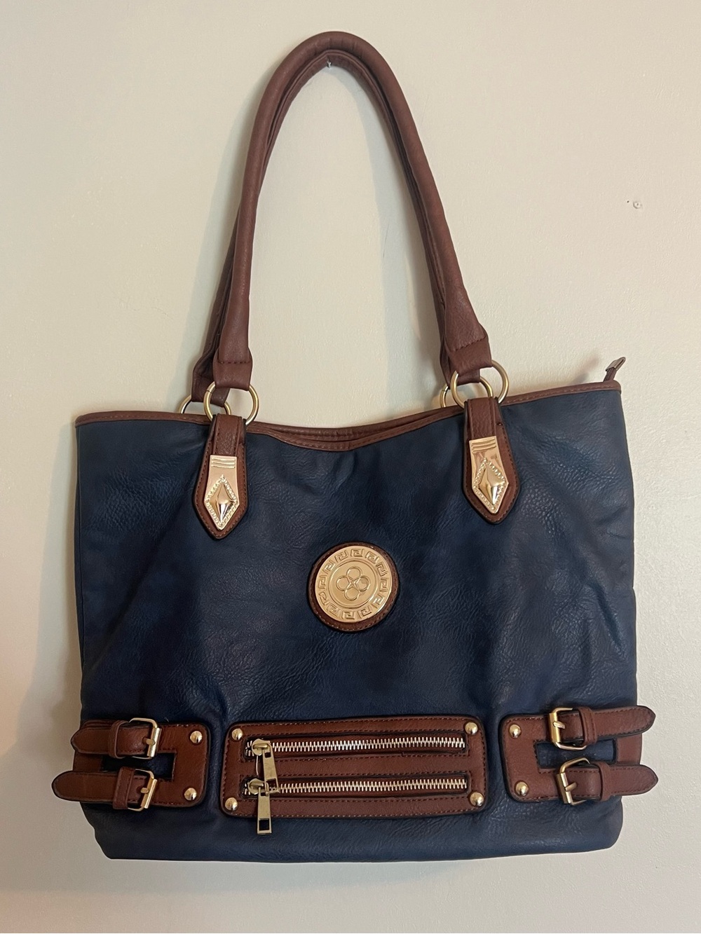 Women's Navy and Brown Tote Bag with Gold Accents